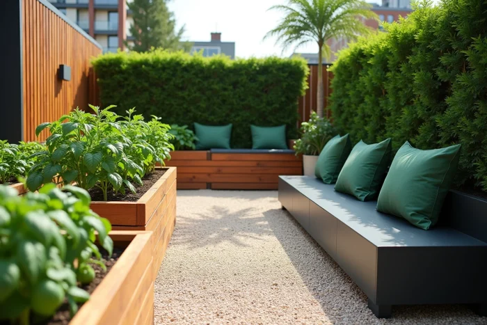 Jardin urbain contemporain avec potager surélevé en bois, allée de gravier et mobilier extérieur design vert forêt