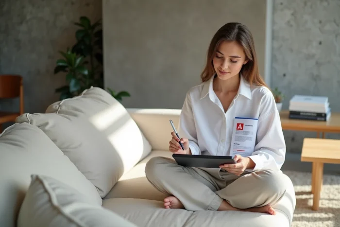 Jeune femme personnalisant un document Word avec un symbole d'attention sur tablette depuis son salon