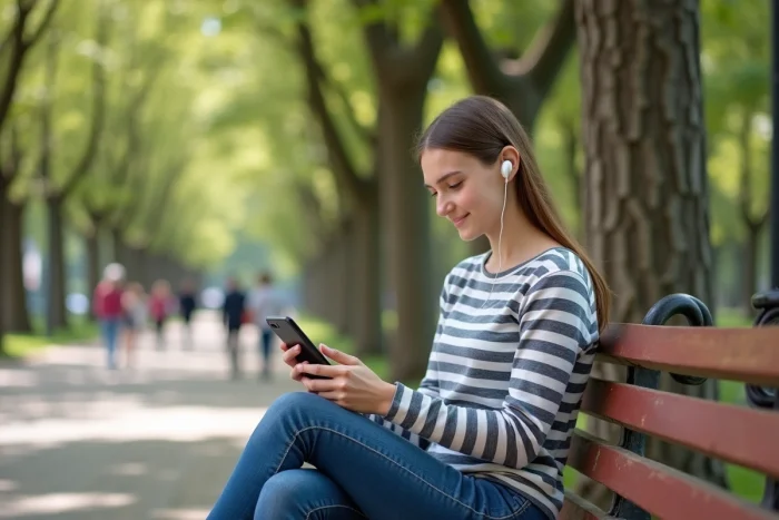 Jeune fille écoutant une radio en streaming sur smartphone dans un parc urbain français