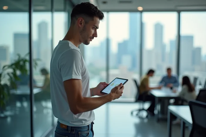 Jeune homme consultant une tablette dans un bureau moderne avec vue sur la ville, ambiance éditoriale contemporaine