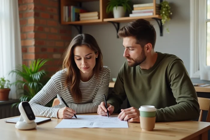 Jeunes parents assis à table organisant leur semaine avec un planning, matériel de puériculture et carnet de notes