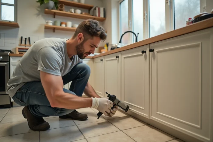 Homme appliquant un joint silicone transparent entre le plan de travail et les meubles bas de cuisine pour prévenir les infiltrations d'humidité