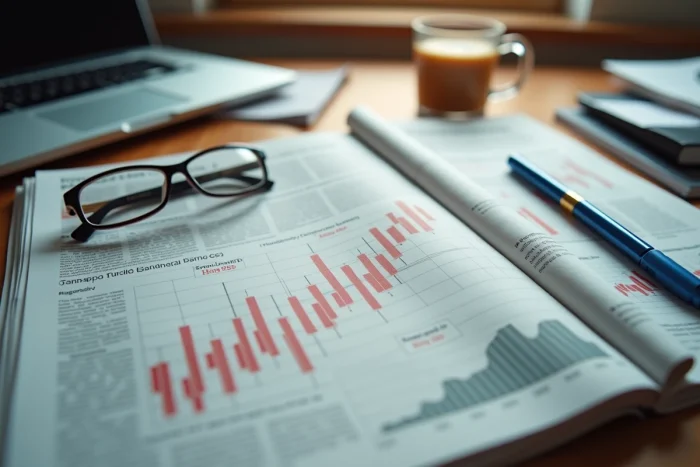 Journal financier ouvert sur un bureau montrant des graphiques boursiers en forte baisse avec des courbes rouges descendantes