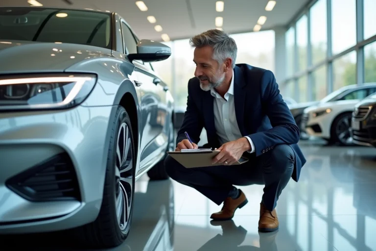 Journaliste automobile examinant une berline moderne dans un showroom contemporain