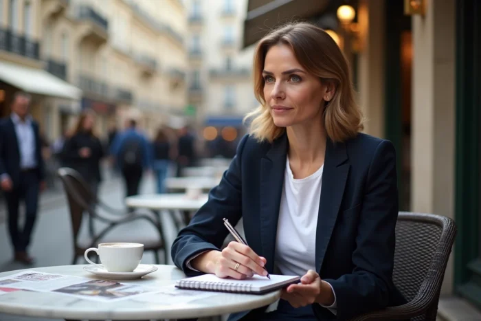 Journaliste féminine prenant des notes en terrasse de café parisien, symbolisant la frontière entre curiosité publique et respect de la vie privée des célébrités