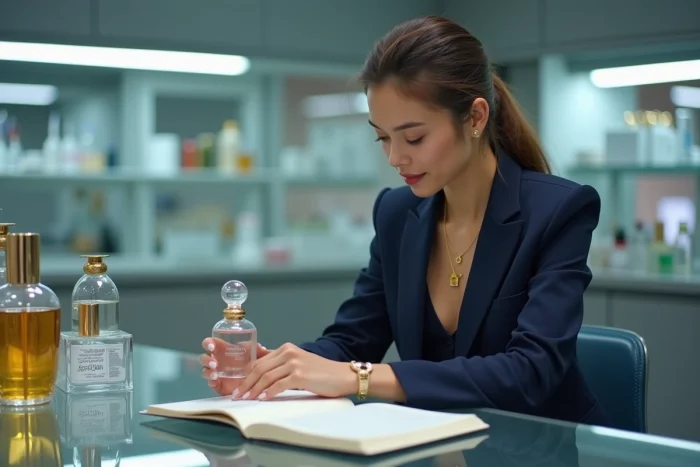 Professionnelle en laboratoire de parfumerie et cosmétiques analysant un flacon, symbolisant la croissance du secteur Parfums et Cosmétiques de LVMH