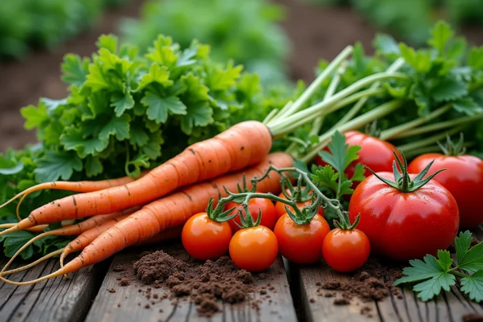 Légumes frais et colorés récoltés au potager disposés sur une table en bois rustique, dont tomates, carottes et herbes aromatiques