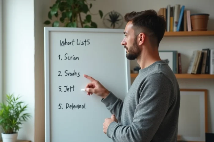 Un père montre une liste de cinq règles écrites sur un tableau dans un coin bureau à la maison