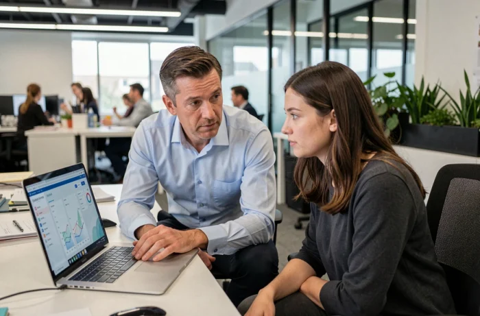 Manager accompagnant une collaboratrice devant son poste de travail pour améliorer la performance individuelle