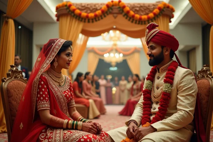 Couple lors d'un mariage indien traditionnel sous un mandap décoré de guirlandes de fleurs de souci