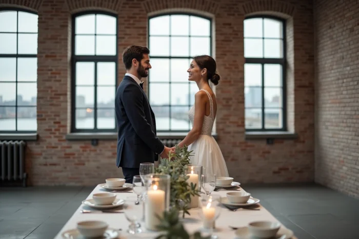 Réception de mariage minimaliste dans un entrepôt nordique à Copenhague avec décoration épurée et ambiance scandinave