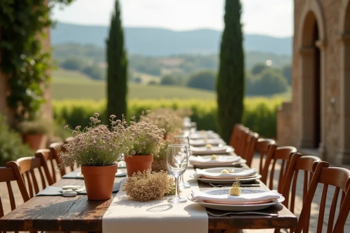 Table de mariage rustique en plein air en Toscane avec vaisselle en céramique et vignes en arrière-plan