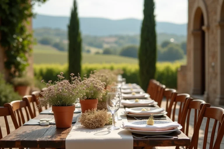 Table de mariage rustique en plein air en Toscane avec vaisselle en céramique et vignes en arrière-plan
