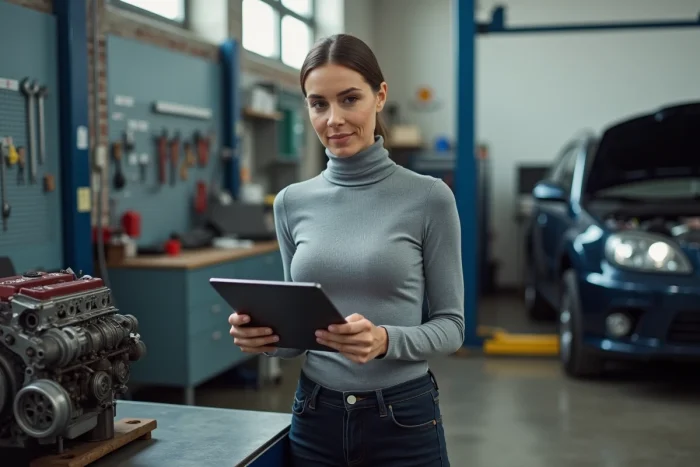 Mécanicienne analysant des données de diagnostic automobile dans un atelier moderne