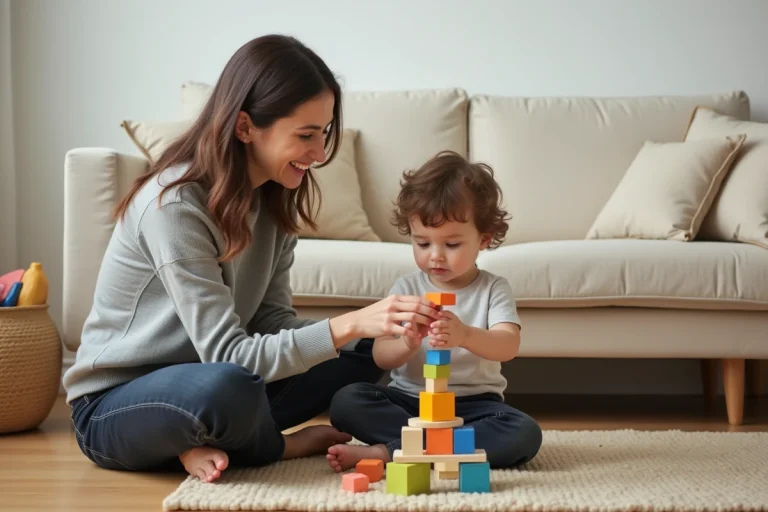 Jeune mère assise sur le parquet avec son enfant en bas âge jouant avec des cubes en bois colorés dans un salon cosy