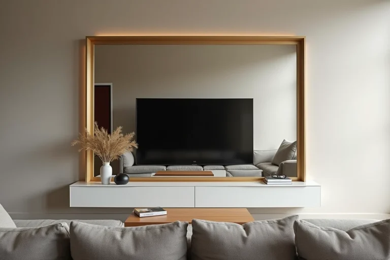 Salon moderne avec un miroir encadré en or face à une télévision, créant un effet de profondeur visuellement doublé