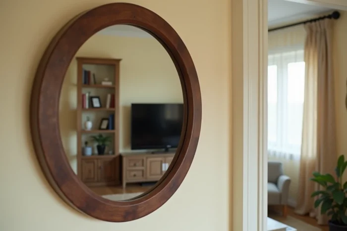 Gros plan sur un miroir rond en bois sombre reflétant une télévision dans un appartement cosy, illustrant le placement miroir face à TV