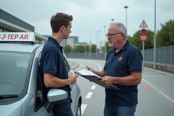 Moniteur d'auto-école expliquant les critères d'évaluation de l'examen du permis de conduire à un candidat devant une voiture dans un centre d'examen