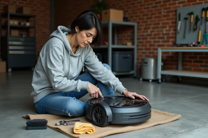 Femme nettoyant les lames d'un robot tondeuse dans un garage avant hivernage