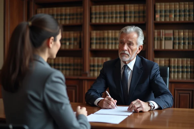 Notaire et cliente examinant un document de procuration pour une succession dans un bureau notarial traditionnel