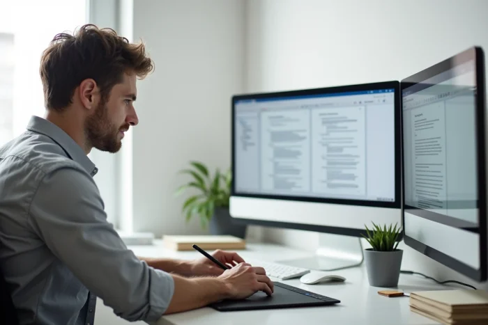 Homme en télétravail organisant des contrats juridiques sur double écran avec une interface de gestion documentaire