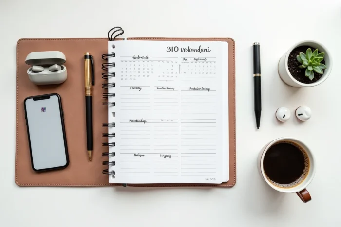 Vue à plat des outils professionnels indispensables au quotidien : agenda en cuir, stylo, smartphone avec calendrier, écouteurs sans fil et café espresso sur un bureau blanc épuré