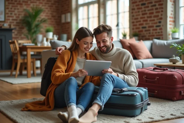 Deux voyageurs vérifiant le récapitulatif de paiement Airbnb sur une tablette avant leur départ en voyage
