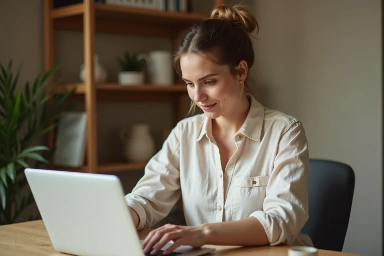 Femme consultant une confirmation de paiement Airbnb sur son ordinateur portable depuis un bureau à domicile