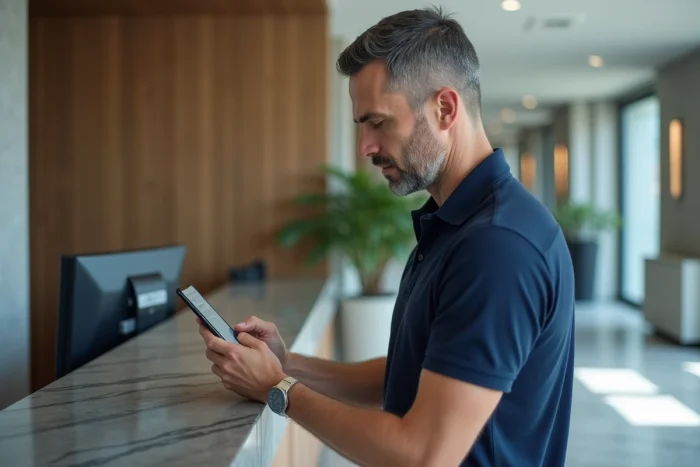 Homme gérant un paiement de réservation Airbnb sur smartphone dans le hall d'un appartement moderne