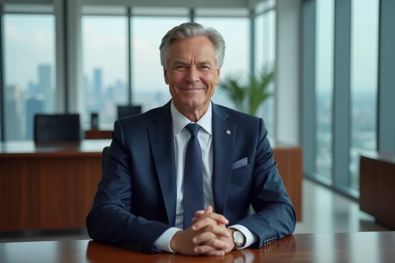 PDG dans un bureau de direction luxueux avec vue sur la ville, illustrant la fortune et le patrimoine d'un grand dirigeant d'entreprise hôtelière