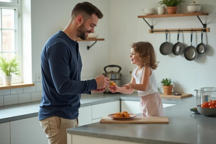 Père et petite fille préparant une collation saine ensemble dans une cuisine moderne, scène du quotidien familial