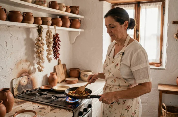 Femme albanaise préparant une fergese traditionnelle dans une cuisine rustique avec un poêle à bois