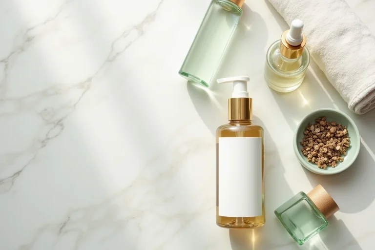 Plat posé de produits de soin haut de gamme similaires à Rituals sur surface en marbre, avec flacons en verre et botaniques séchés