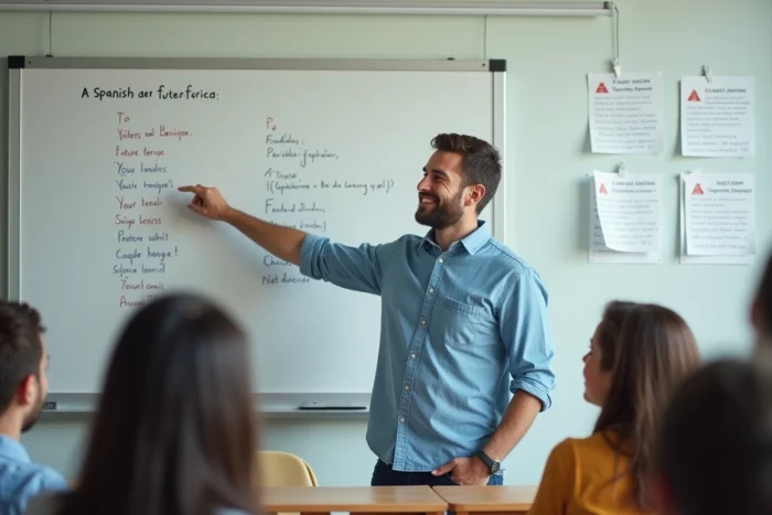 Professeur d'espagnol expliquant le futur simple à l'aide de paroles de chansons sur un tableau blanc dans une salle de classe moderne