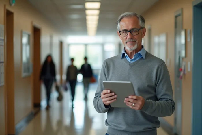 Professeur consultant la messagerie de l'académie de Versailles sur une tablette dans un couloir d'établissement scolaire