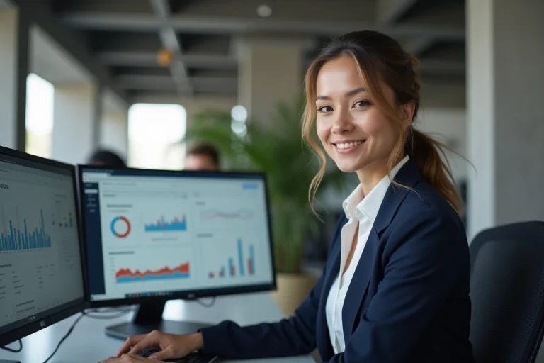 Une professionnelle du marketing digital analyse des tableaux de bord de visibilité en ligne sur deux écrans dans un bureau moderne