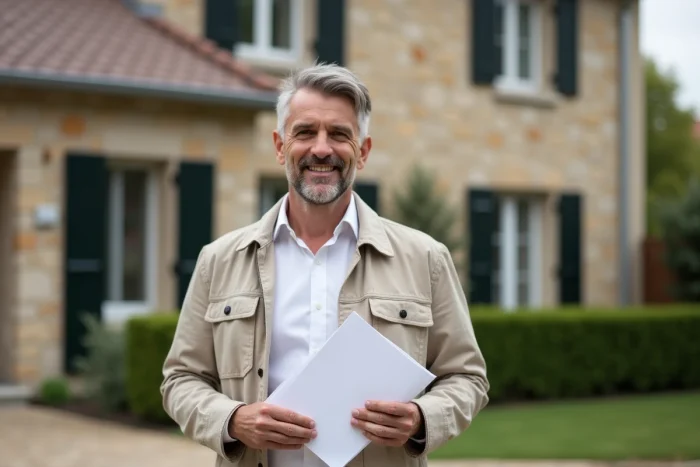 Propriétaire tenant ses clés et son contrat de prêt immobilier devant sa nouvelle maison en France