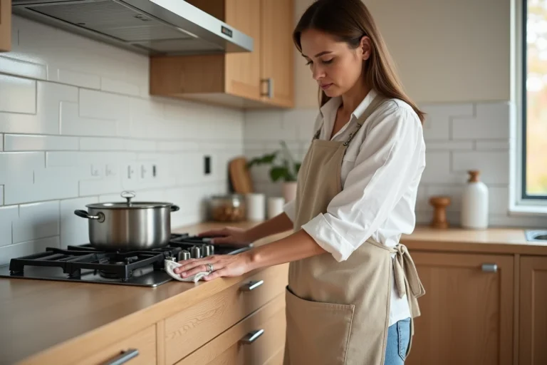Femme appliquant une cire protectrice sur des meubles de cuisine en bois pour les protéger de l'humidité et de la vapeur