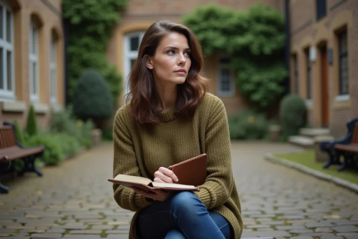 Femme pensive dans une cour d'école illustrant l'implication de Rebecca Gleeson auprès des enfants et son parcours de vie