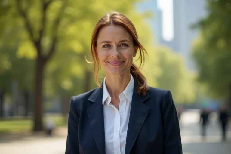 Portrait éditorial d'une femme épanouie dans la quarantaine, évoquant le parcours professionnel et personnel de Rebecca Gleeson