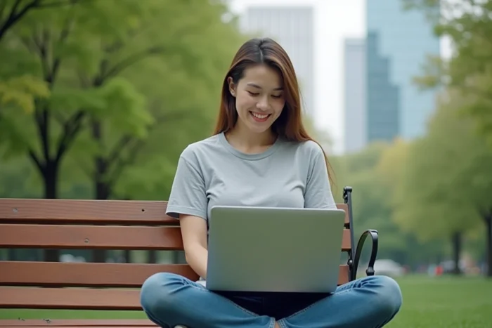 Jeune femme cherchant un nouvel emploi sur son ordinateur portable dans un parc urbain