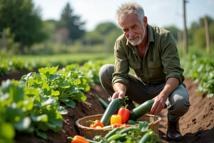 Homme récoltant des courgettes et des poivrons colorés dans un potager biologique bien entretenu