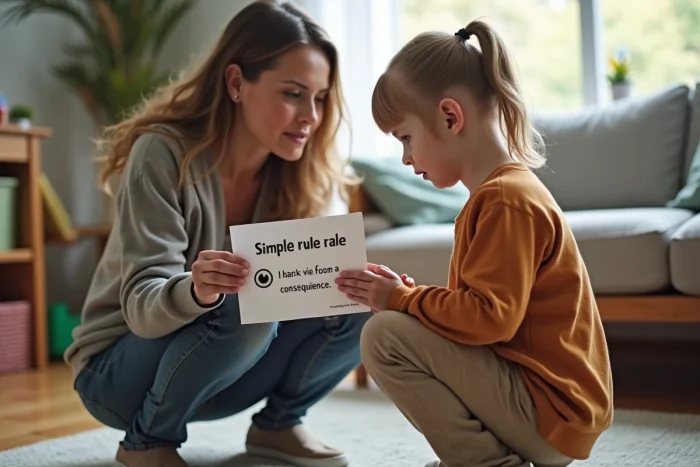 Une mère explique à son enfant une règle associée à sa conséquence logique à l'aide d'une fiche illustrée