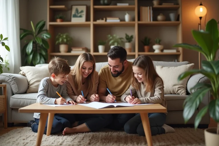 Une famille réunie dans le salon pour discuter ensemble des règles de vie à la maison