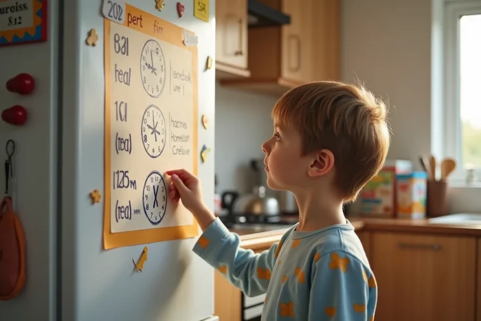 Un enfant consulte un tableau de routine quotidienne avec des repères horaires illustrés affiché sur le réfrigérateur