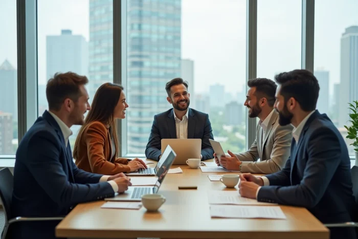Équipe de professionnels en réunion d'affaires autour d'une table de conférence dans un espace de coworking