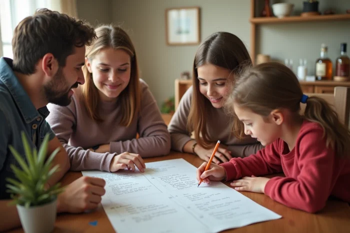 Une famille révise ensemble les règles de vie à la maison en modifiant une liste manuscrite posée sur la table