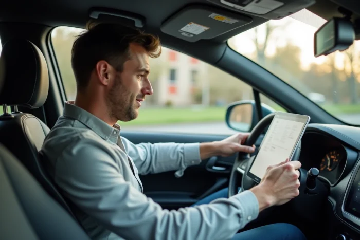Homme révisant un guide de préparation à l'examen du permis de conduire sur une tablette à l'intérieur d'une voiture avant une leçon de conduite