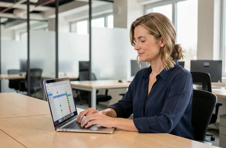 Salariée consultant son planning hebdomadaire sur l'extranet de gestion A2micile depuis son bureau professionnel