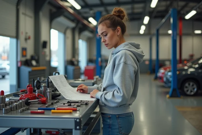 Femme consultant une liste d'entretien dans un atelier self service de réparation automobile à Rennes